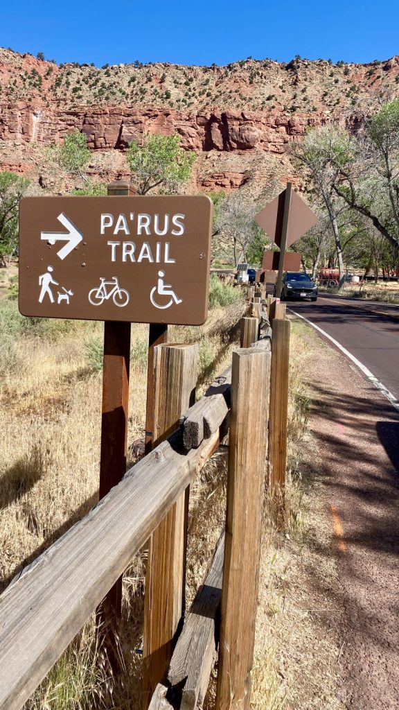 Sign showing Pa'rus Trailhead in Zion National Park