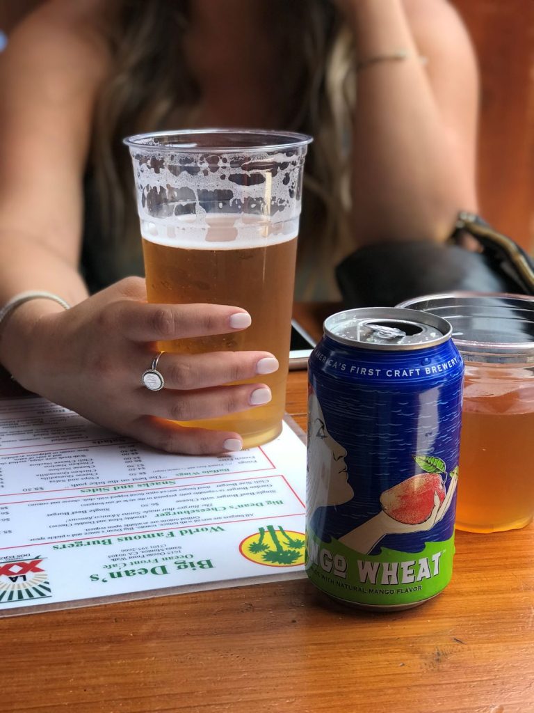 Sitting inside Big Dean’s Ocean Front Café and having a beer at Santa Monica Pier