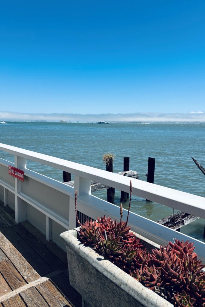 Bright blue sky and calm water in Sausalito California