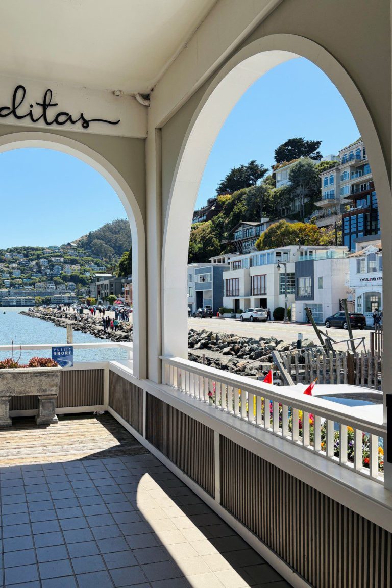 View of homes and water through arches of the San Francisco Bay from Sausalito CA
